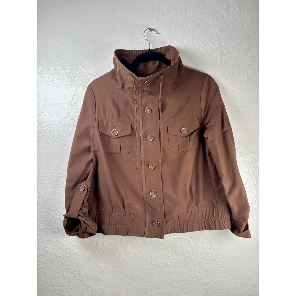 Chicos Utility Jacket Medium Brown Button Front Roll Tab Sleeve Cargo Military